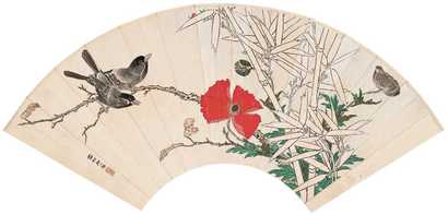 邢一峰 花枝栖禽 扇面